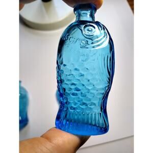 Vintage Blue Carnival Glass Fish Bottle 1970's Mini 3" Embossed Fishing Theme